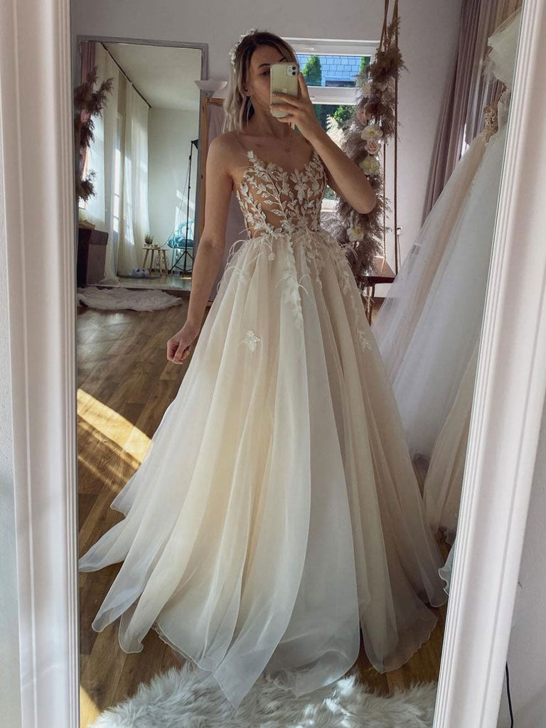 champagne a line tulle strapless wedding dresses beach bridal gown