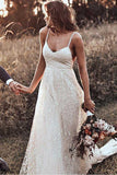 Stunning Straps Rustic Backless Wedding Dress A-line Lace Bridal Gown PW365