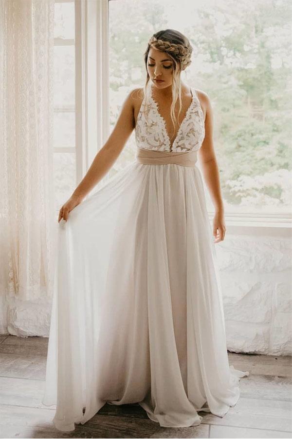 elegant ivory a line v neck tulle wedding dress with lace