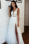 V-neck Tulle Lace Appliques A-line Wedding Dress Slit Long Bridal Gown PW491