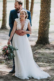 a line v neck white tulle wedding dress with lace appliques