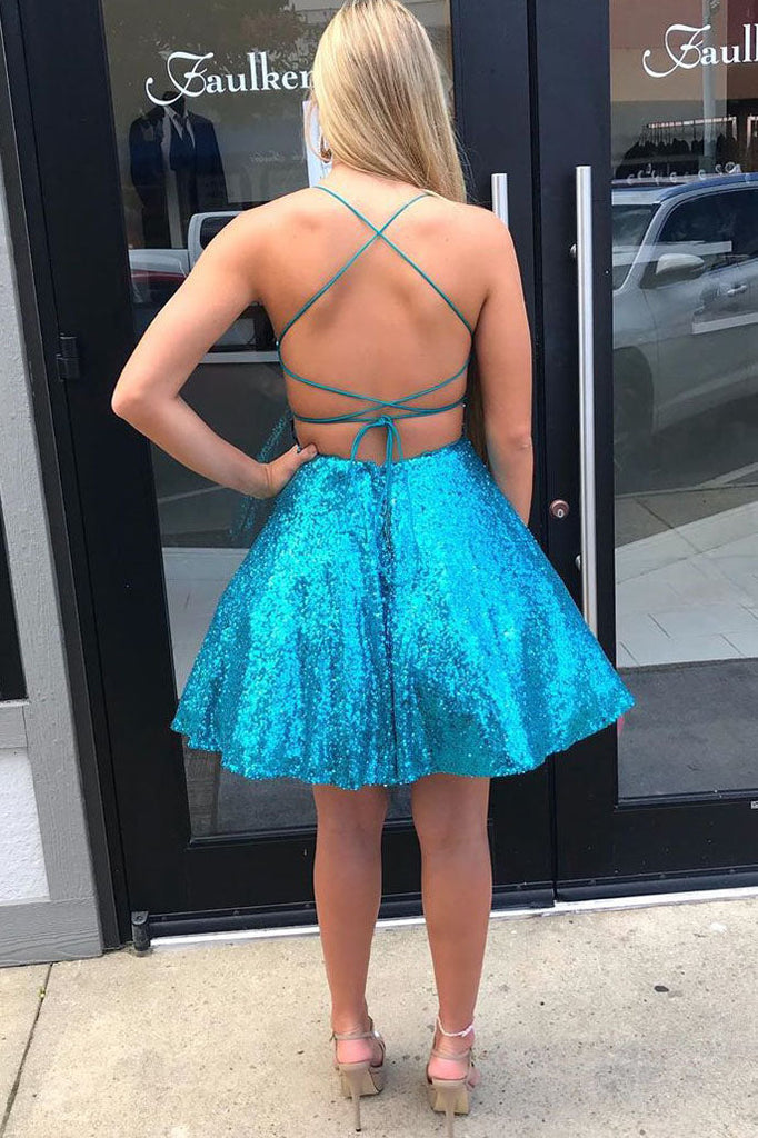 sparkly blue short homecoming dresses criss cross back sequins party dress