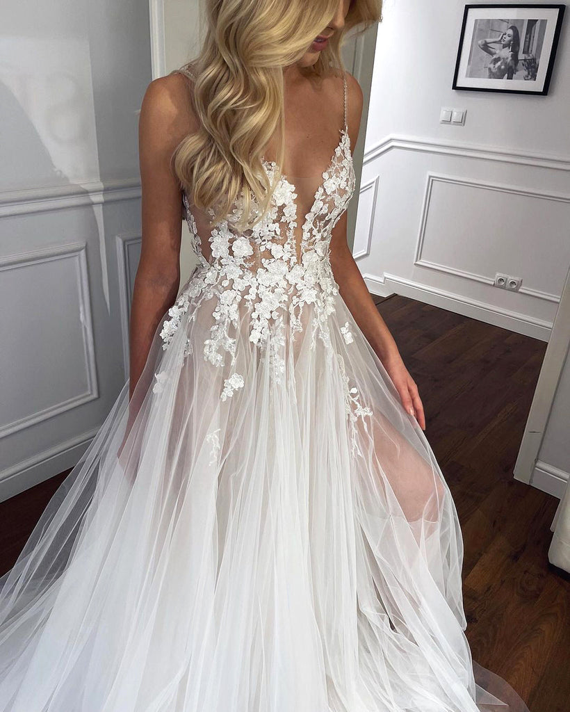 spaghetti straps v neck lace appliques sheer a line tulle beach wedding dress
