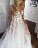 Spaghetti Straps V-Neck Lace Appliques Sheer A-line Tulle Beach Wedding Dress PW492