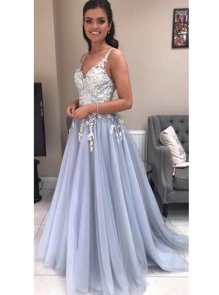 A-line v-neck tulle long prom dresses with lace appliques mg168