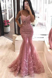 Mermaid lace long prom dresses, dusty pink tulle evening dress mg29