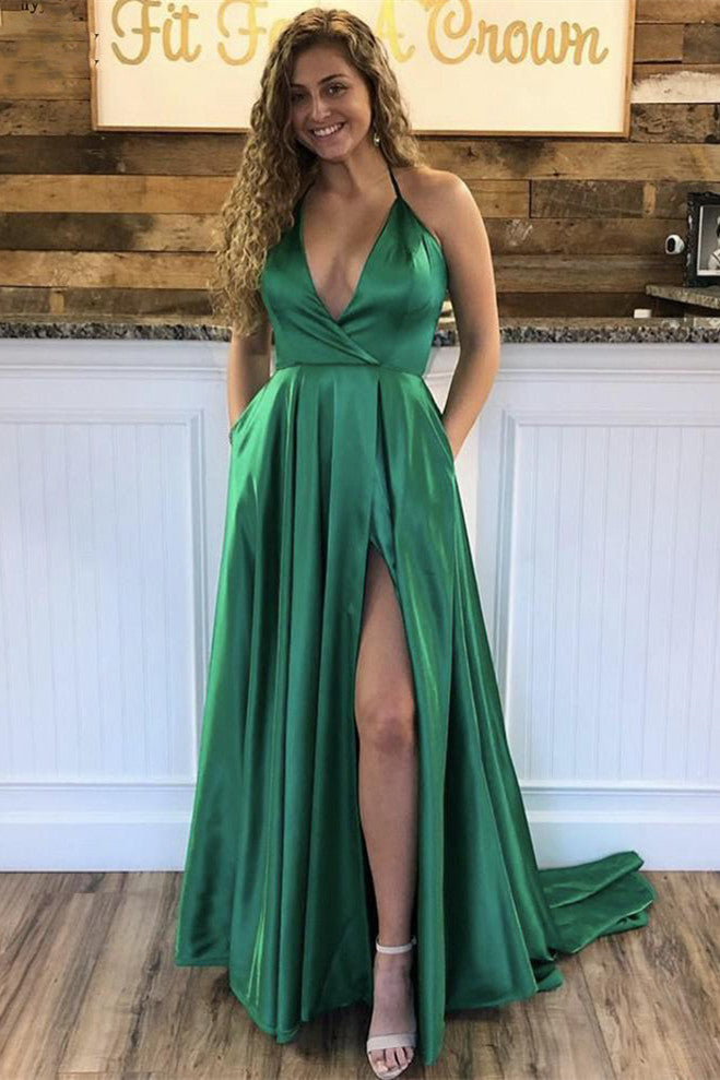 halter v neck green long prom dress simple evening gown with pockets