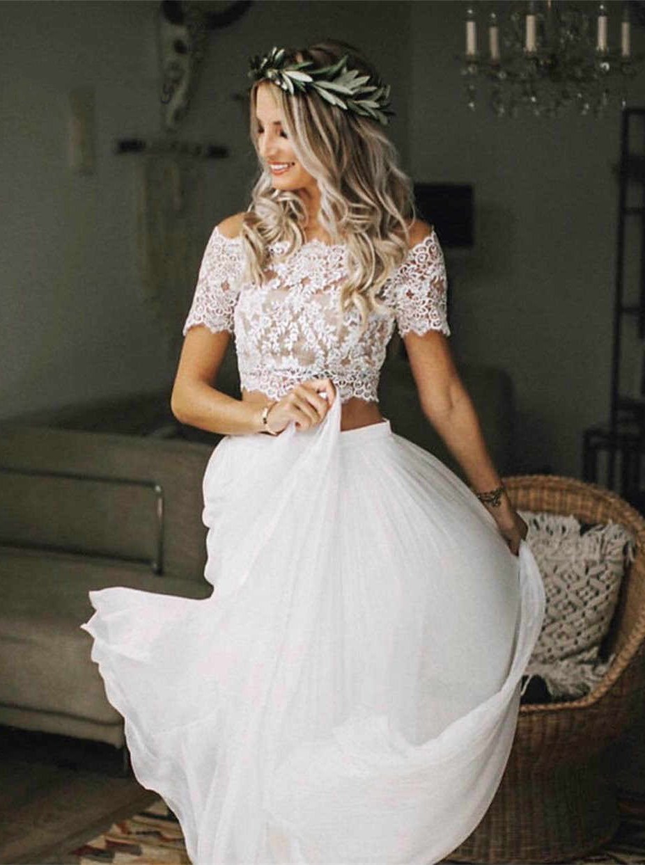 Short Sleeves Two Piece Boho Wedding Dress, Chiffon Beach Wedding Dresses PW08