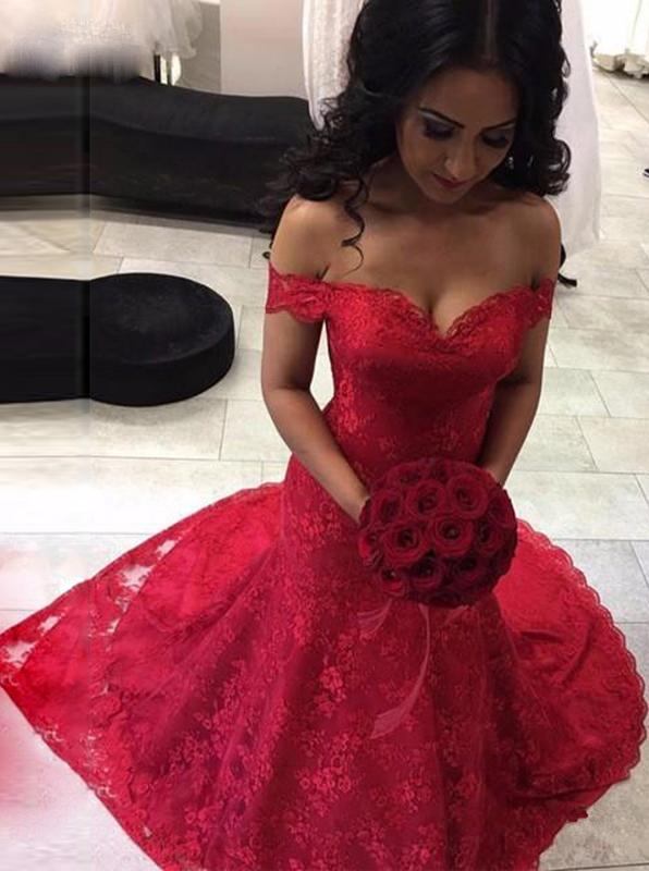 Red mermaid lace prom dresses off the shoulder long pageant gown mg106