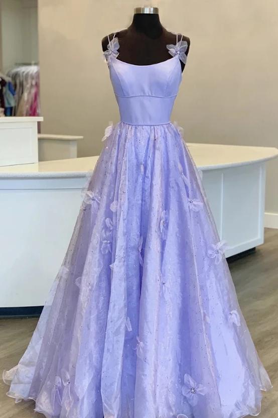 Lilac tulle long a line prom gown handmade flower evening dress mg166