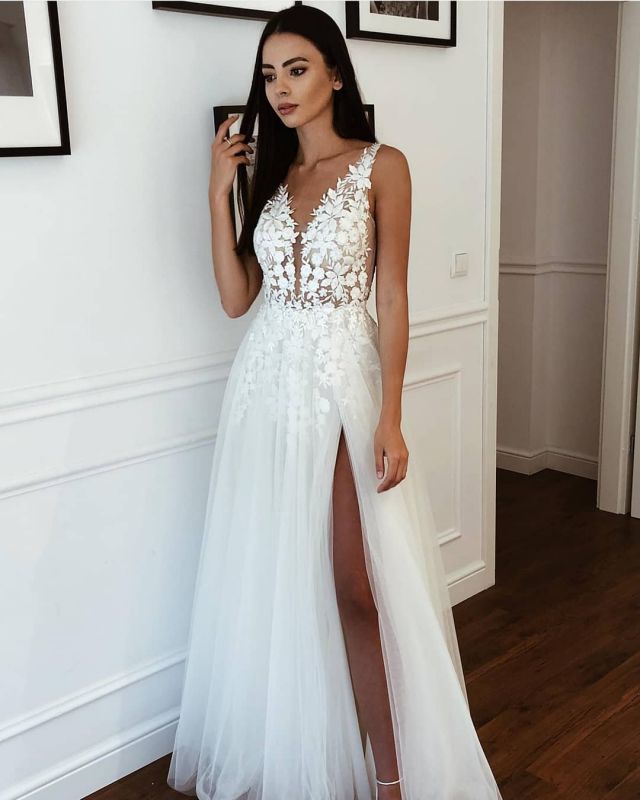 v neck tulle lace appliques a line wedding dress slit long bridal gown