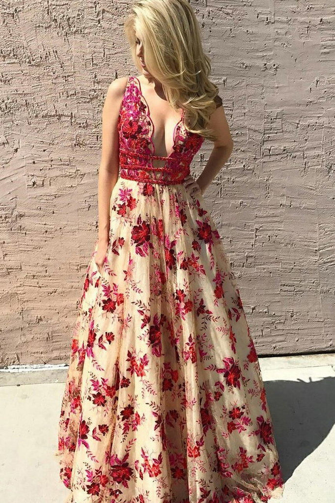 deep v neck long backless prom dress with beading embroidery floral