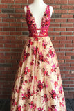 deep v neck long backless prom dress with beading embroidery floral