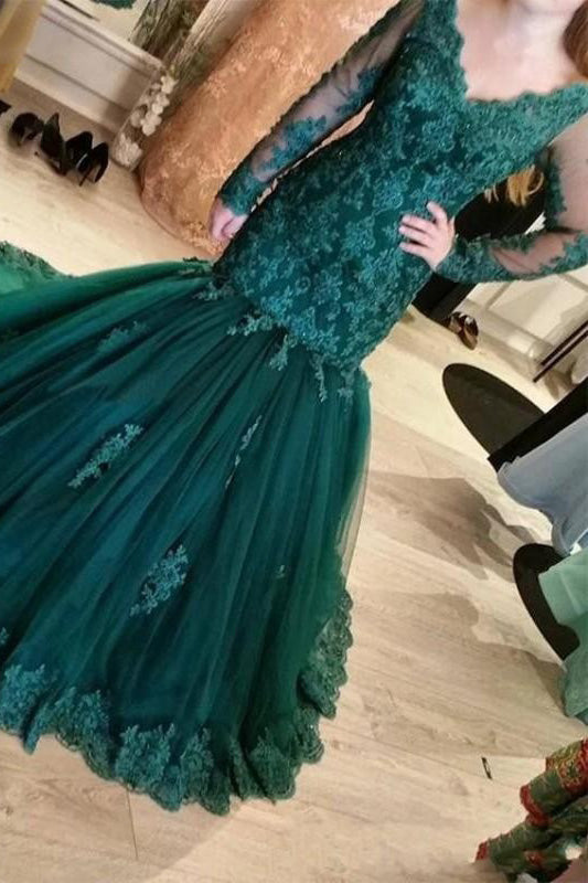 Dark green mermaid evening dresses tulle long sleeves appliques party gowns mg105