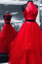 Tulle Red Long Prom Dress Two Piece Hollow Out Back Pageant Dress MP742