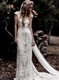 Sheath Ivory Lace Rustic Wedding Dresses, Cap Sleeve Beach Wedding Gowns PW110