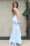 Light blue mermaid backless prom dresses, simple bridesmaid dress mg146