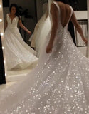 a line v neck sparkly wedding dress sequin backless prom wedding dress