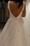 a line v neck sparkly wedding dress sequin backless prom wedding dress