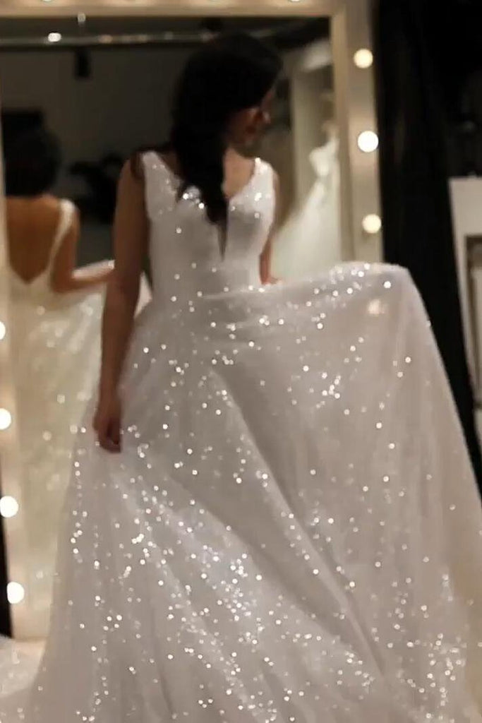 a line v neck sparkly wedding dress sequin backless prom wedding dress