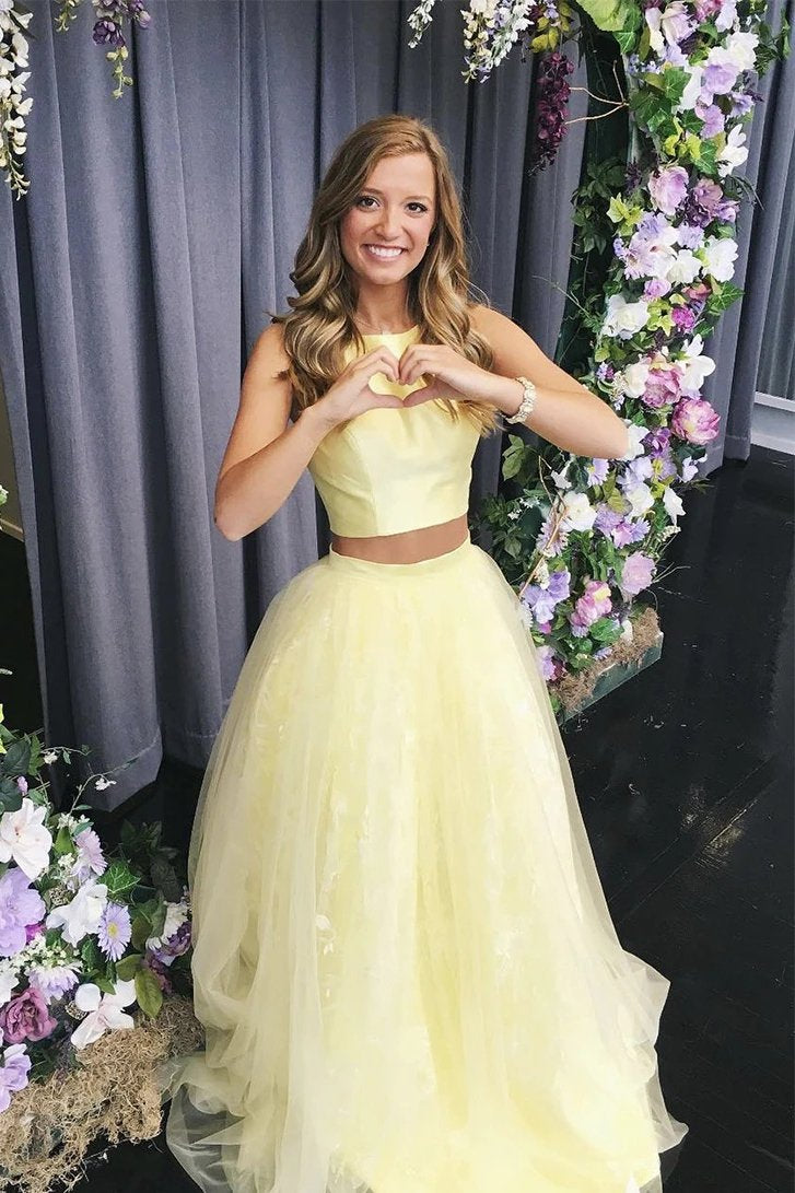 Two piece tulle simple long prom dress, yellow military ball dresses mg159