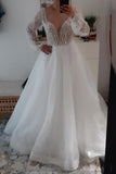 Sparkle Long Sleeve V-neck Sequins Beach Wedding Dresses Backless Bridal Gown PW126
