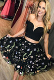 Off-Shoulder Black Floral Embroidered Homecoming Dresses, Two Piece Short Prom Dress GM106