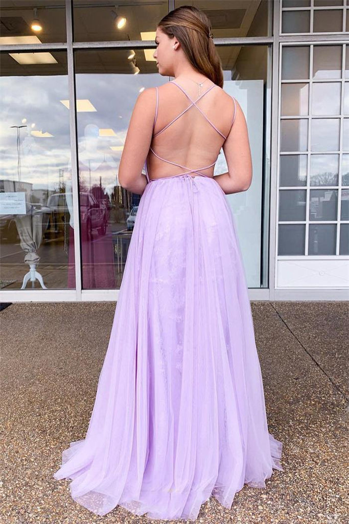 spaghetti straps tulle lilac prom dress backless school dance dress