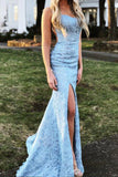 Sky Blue Backless Prom Dress Lace Appliques Mermaid Evening Gown MP1043
