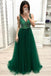 a line v neck dark green long prom dress beading formal dress