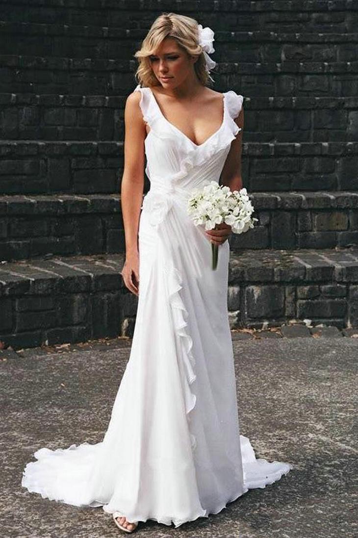 Straps Beach Chiffon Backless Wedding Dress With Ruffled Bridal Dress PW274