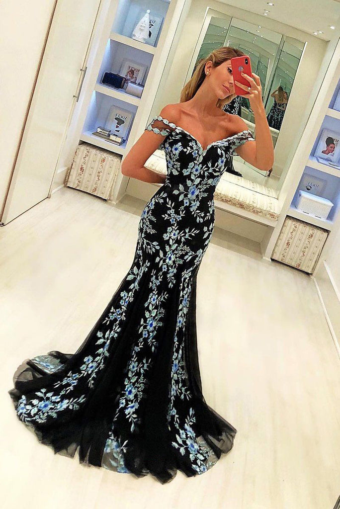elegant black mermaid prom dress with appliques formal party gown