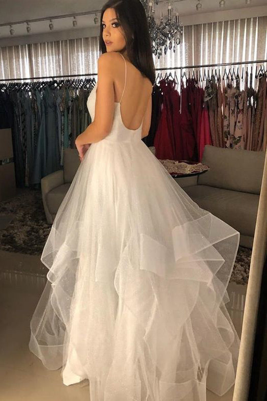 sparkle tulle backless wedding dress a line v neck glitter bridal gown