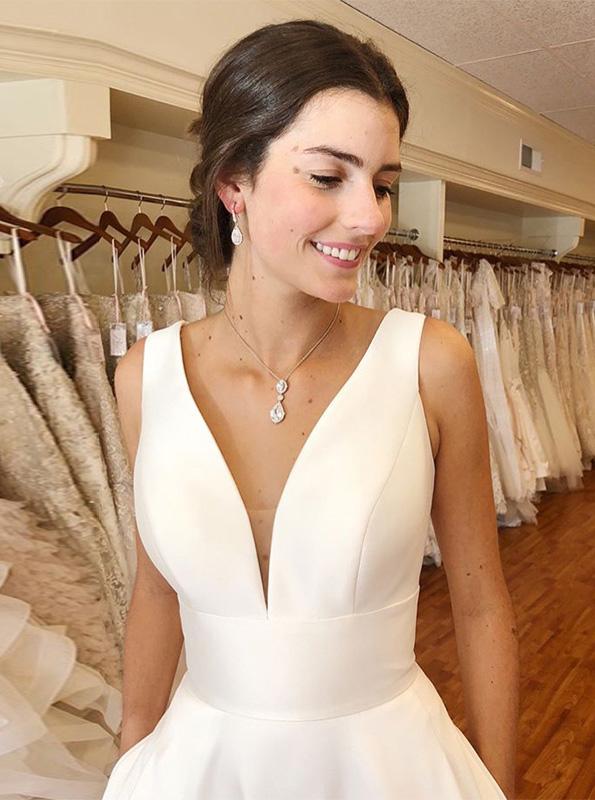 A-line V-neck Ivory Simple Wedding Dresses Satin Bridal Gown PW17