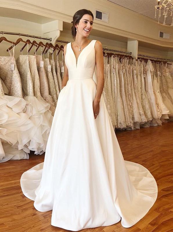 A-line V-neck Ivory Simple Wedding Dresses Satin Bridal Gown PW17