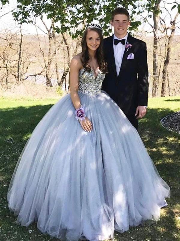 Sweetheart Neck Grey Sweet 16 Dress Tulle Ball Gown Prom Dress MP110