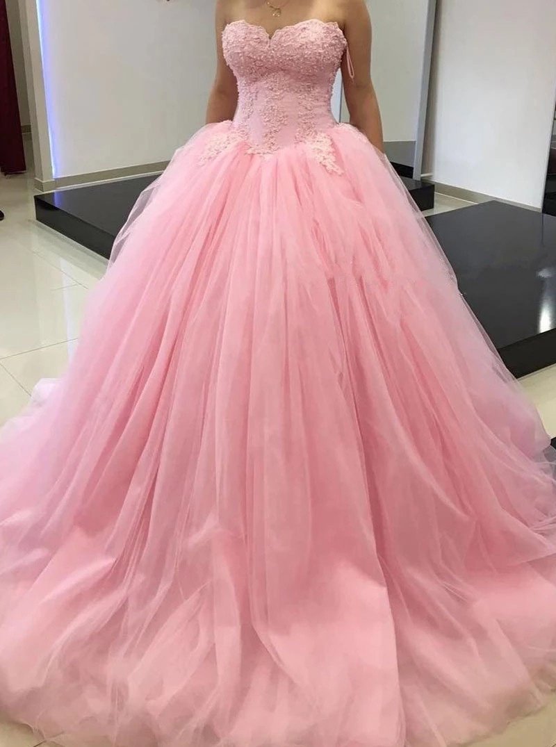 Pink Quinceanera Dresses Tulle Sweetheart Long Prom Dress MP111