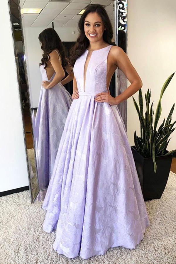 a line bateau sleeveless lilac floral satin prom graduation dress