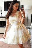 a line v neck gold appliques short tulle homecoming dress