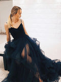 V neck dark navy blue long prom dresses, tulle formal evening dresses mg03