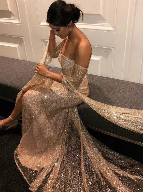 Off-Shoulder Long Prom Dresses with Sleeves, Sexy Sequins Evening Dresses MP109