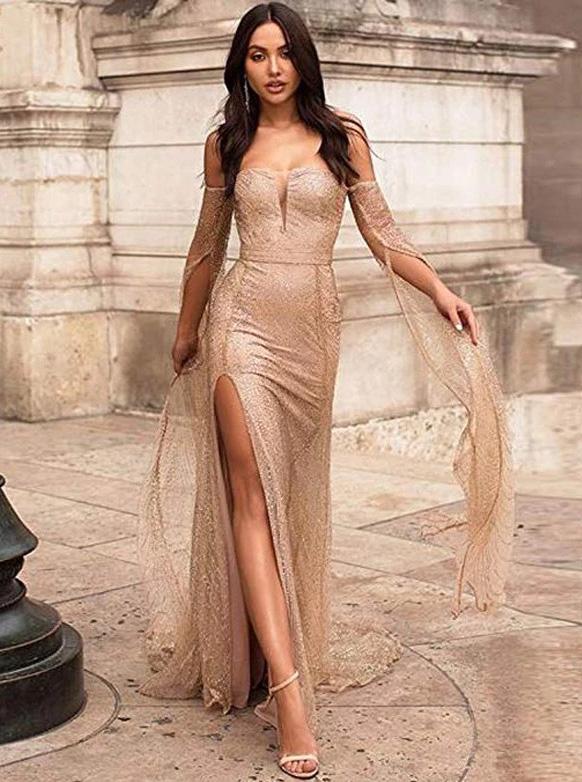 Off-Shoulder Long Prom Dresses with Sleeves, Sexy Sequins Evening Dresses MP109