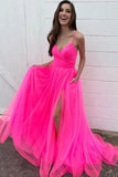 Fluorescent fuchsia spaghetti straps long prom dresses with split mg138