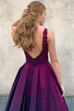V neck purple long a-line prom dresses, satin lace top formal evening dresses mg06