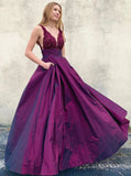 V neck purple long a-line prom dresses, satin lace top formal evening dresses mg06