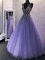 A Line V Neck Beaded Long Prom Dresses, Backless Formal Evening Dresses MG193