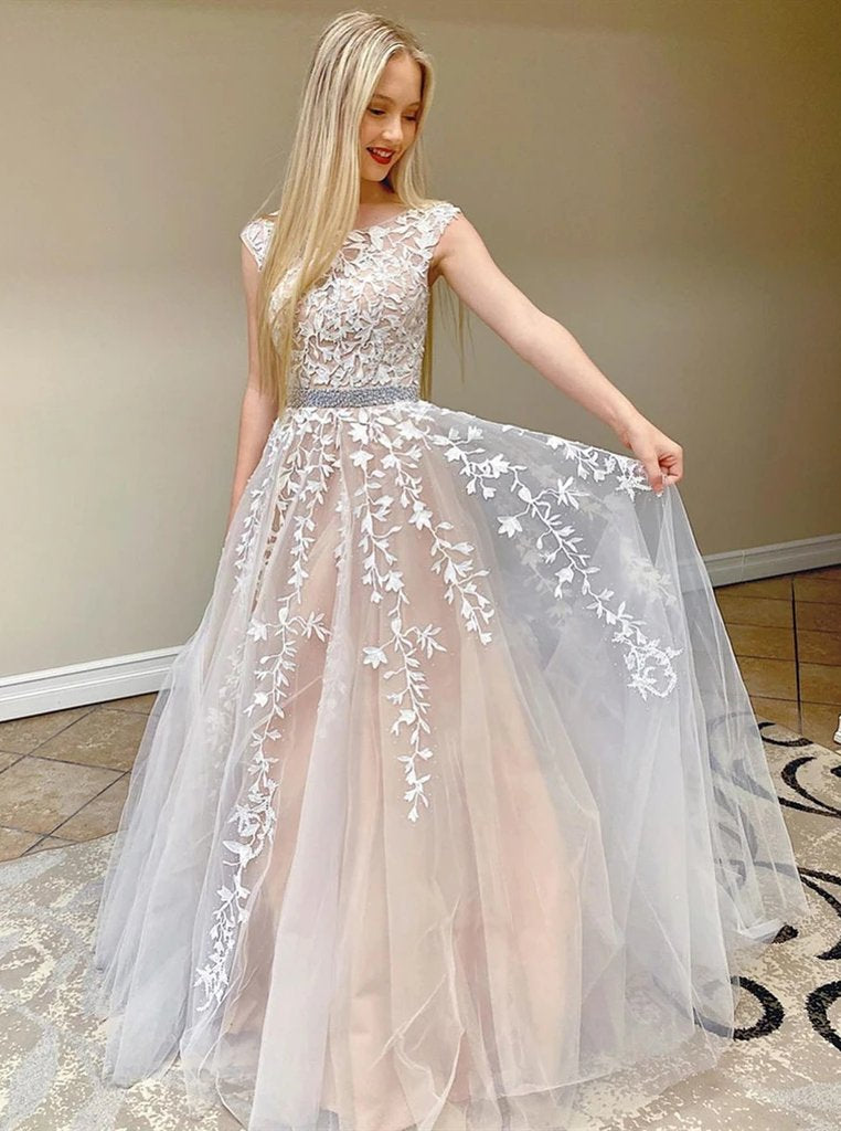 Lace appliques long prom dresses, long tulle wedding dresses mg196