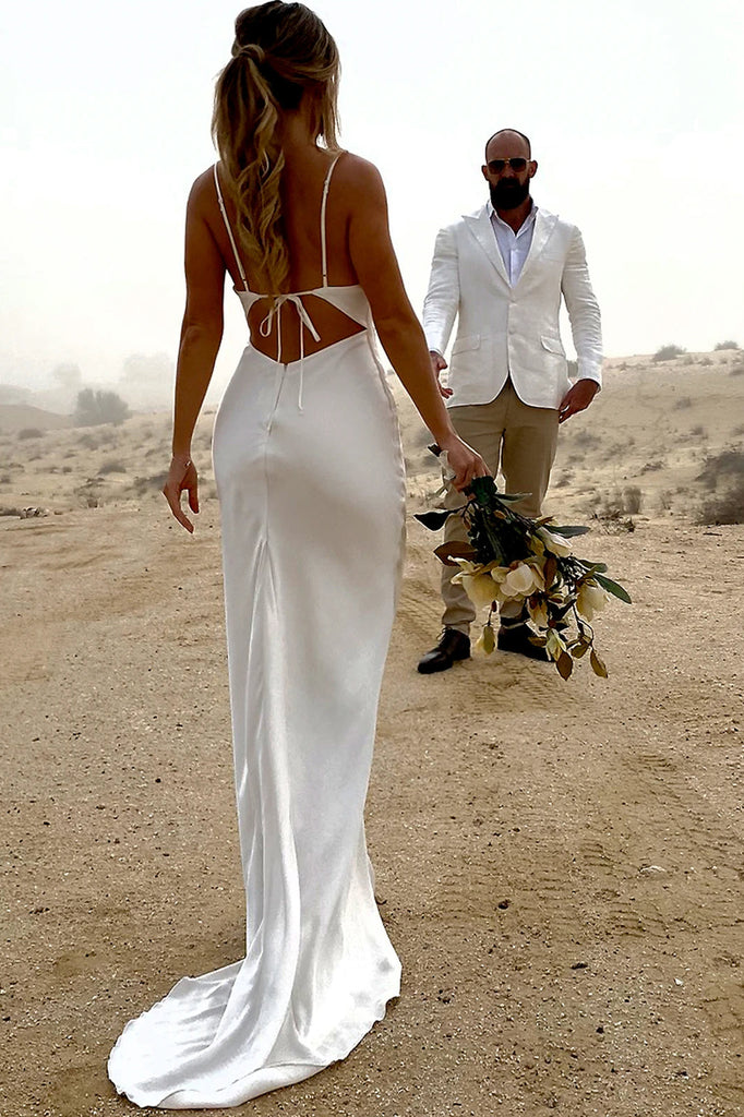 ivory spaghetti straps simple wedding dresses long sheath bridal gown