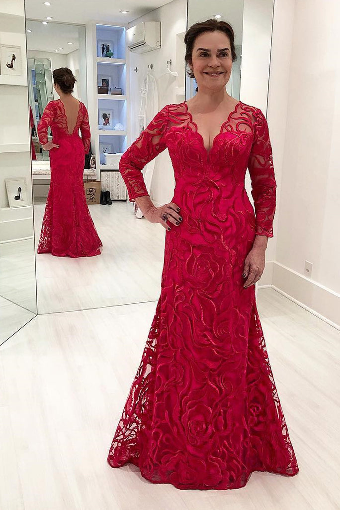 red lace long sleeves mermaid mother of the bride groom dress mo106