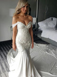 Off Shoulder Lace Appliques Mermaid Wedding Dress with Pearls PW27